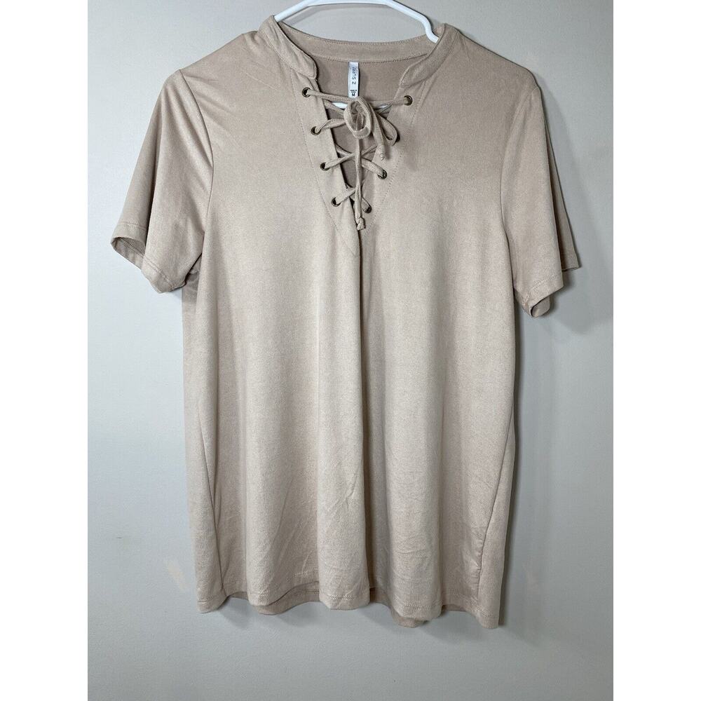 Z‎ Supply Shirt Women's MEDIUM Tan Beige Suede Short Sleeve V Neck Lace Up Top